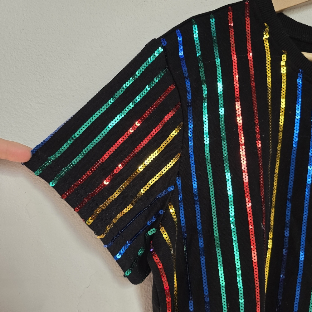 Mainstrip Black Multicolor Sequin Stripe Boxy Cropped Top Size M Party Shirt - Picture 7 of 11